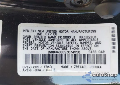 2009 Toyota Corolla Le из США, поврежденный, VIN 1NXBU40E89Z074350